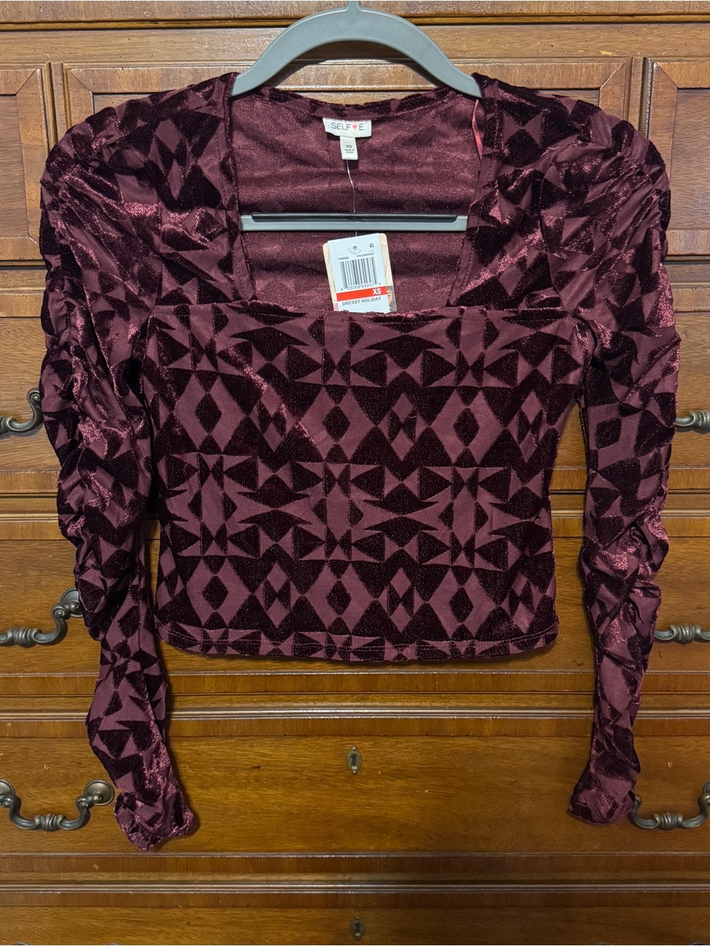 NWT Self Esteem Burgundy Velvet Geometric Ruched Top XS Y2K Holiday Party